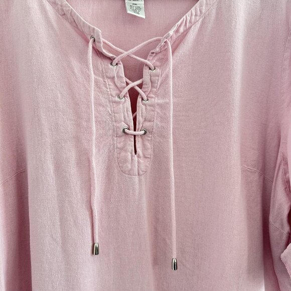 Real Comfort by Chadwick's Shirt Womens 2XL Pink Linen Blend Lace Up Cottagecore - Picture 3 of 9